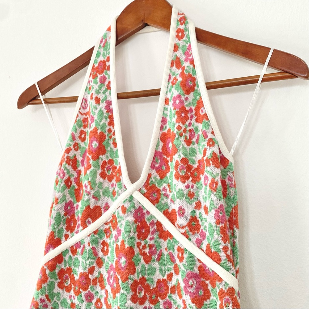 Zara Halter V-Neck Pink & Red Floral Retro 70’s Flower Power Groovy Mini Dress S - Picture 7 of 11